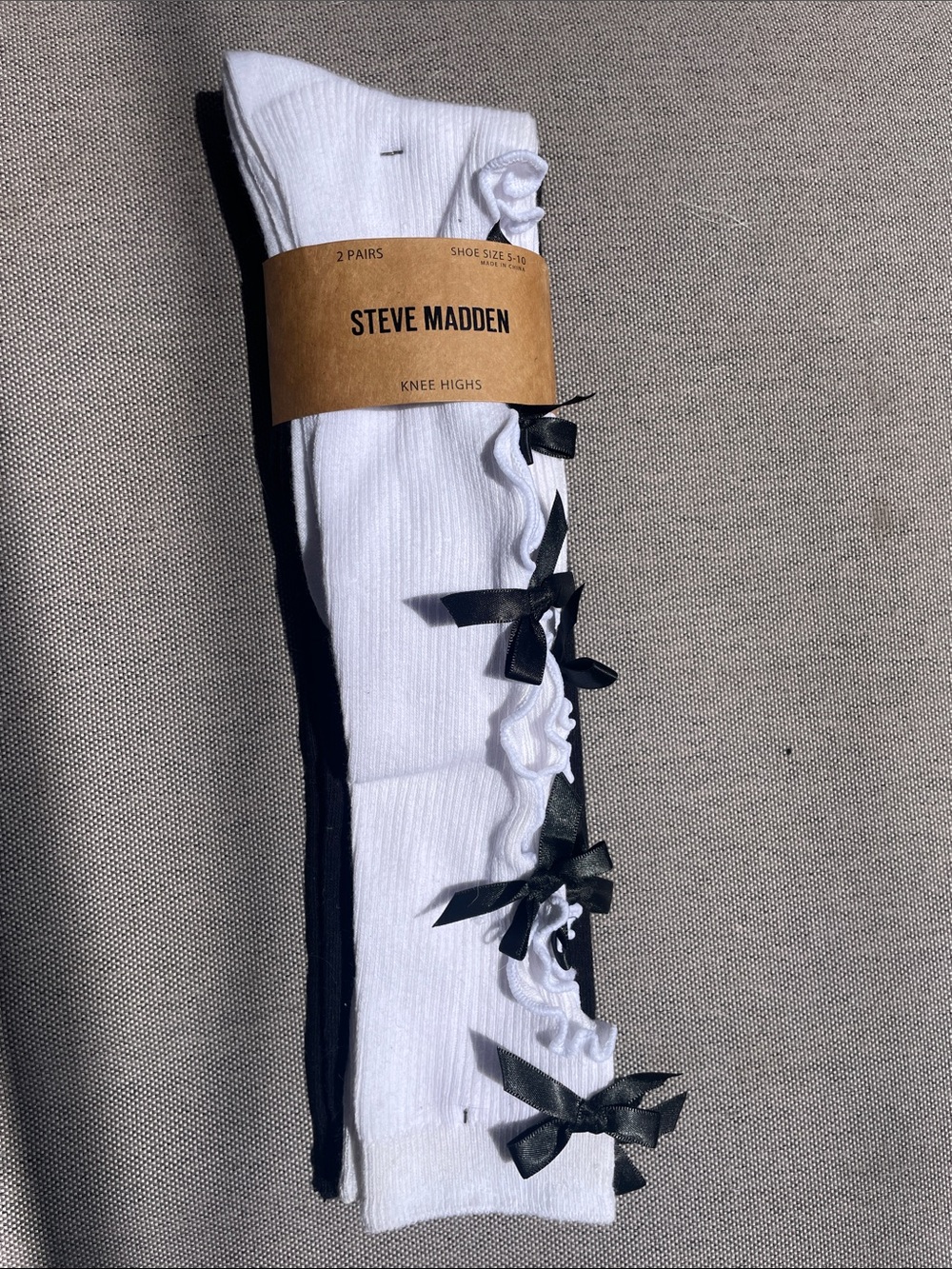 Steve Madden White and Black Knee-High Socks with Black Bow Trim